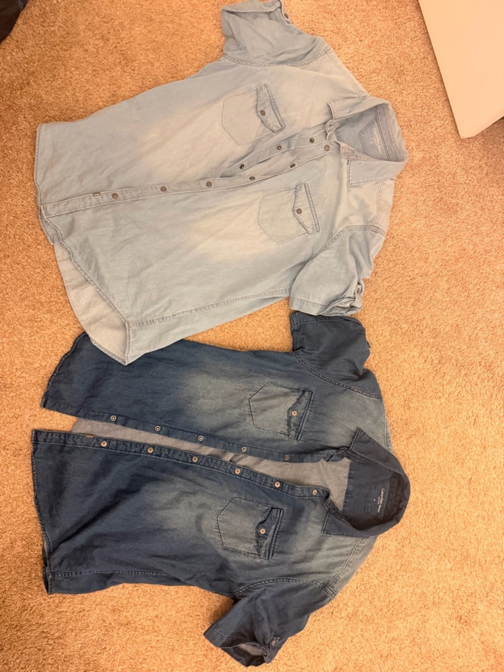 Calvin Klein Short Sleeve Denim Button-Down Shirts - Light Blue & Medium Blue